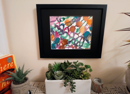 Green and purple lines scattered on white canvas with brown dots.
