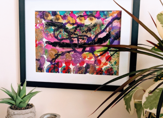 Assortment of colors make up the painting with pink and brown being the main colors.