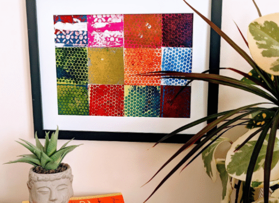 Twelve squares combined with different colors and designs.