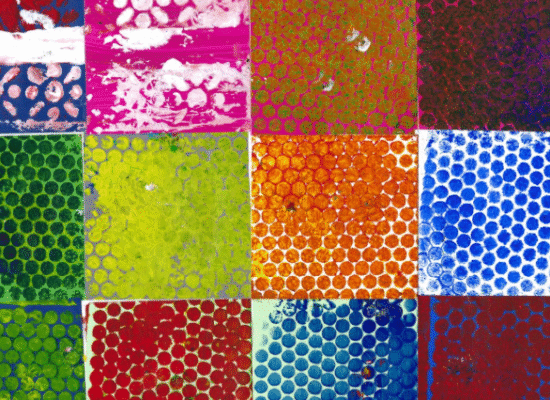 Twelve squares combined with different colors and designs.