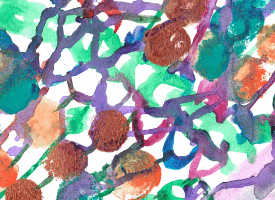 Green and purple lines scattered on white canvas with brown dots.