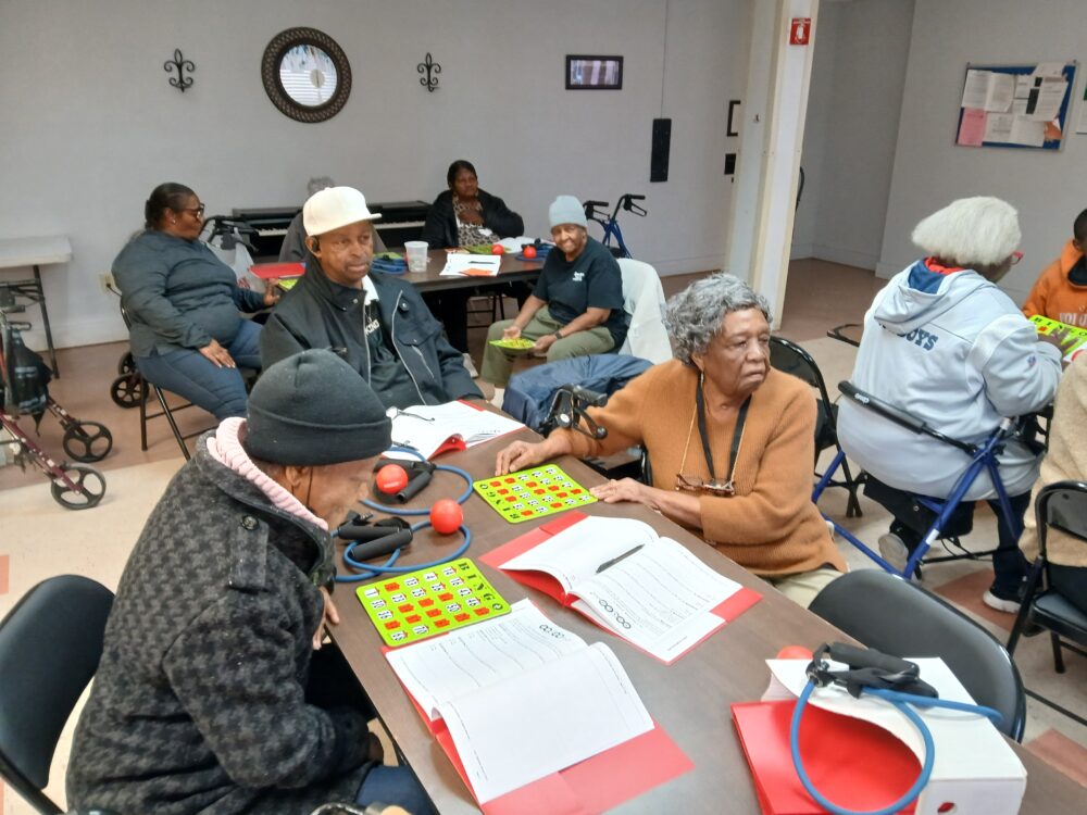 Group of older adult participants focused on playing Bingocize.