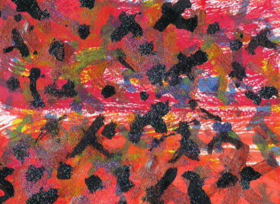 Red background splattered with black designs.