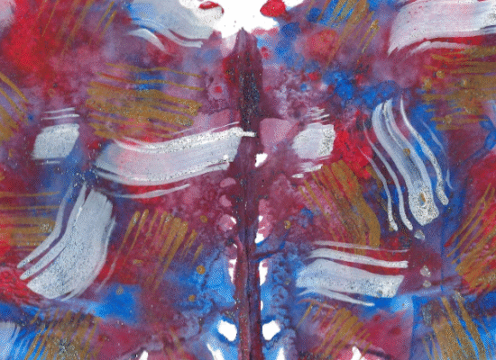 Red and blue background blended. Accents of white and brown scattered throughout.